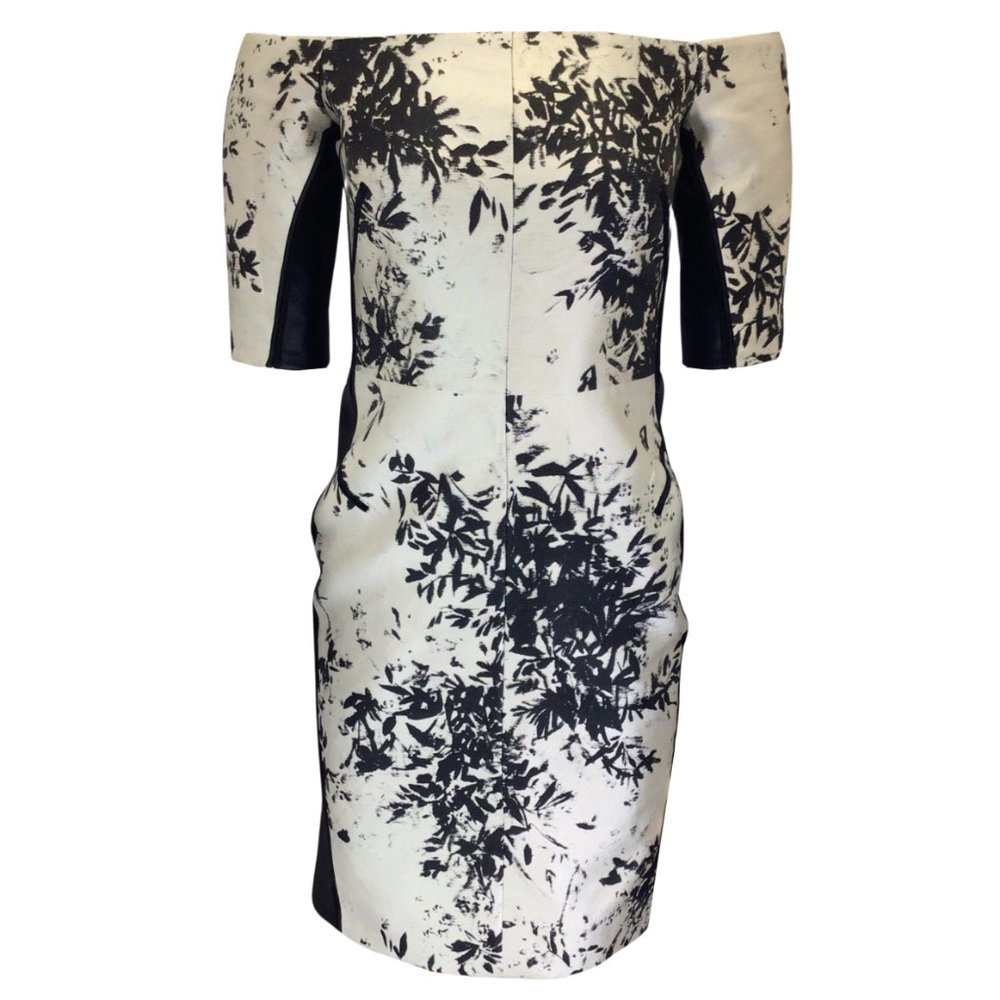 J. MENDEL CHAMPAGNE / BLACK LAMBSKIN LEATHER TRIMMED OFF-THE-SHOULDER JACQUARD D
